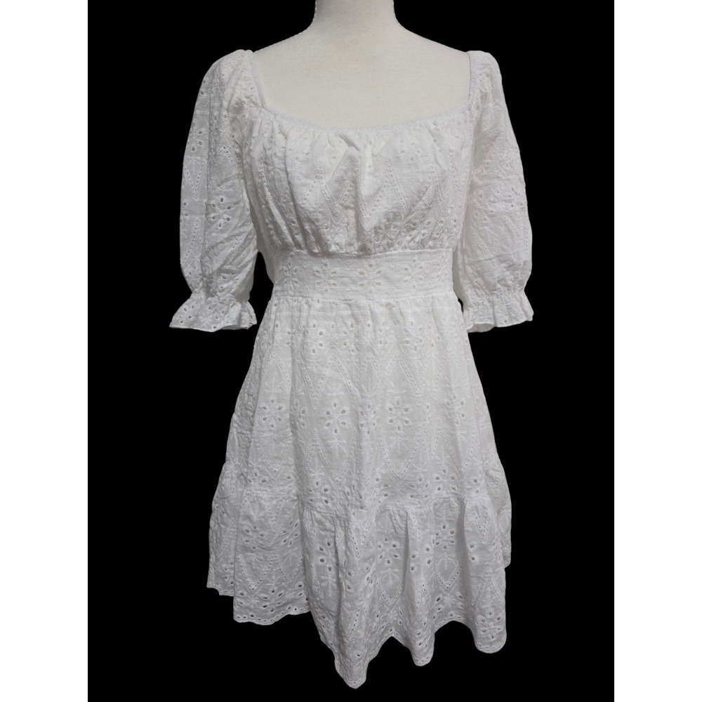 HYFVE Eyelet Dress‎ Sz L Puff Sleeve Open Back Tiered Mini Dress Milkmaid Dainty